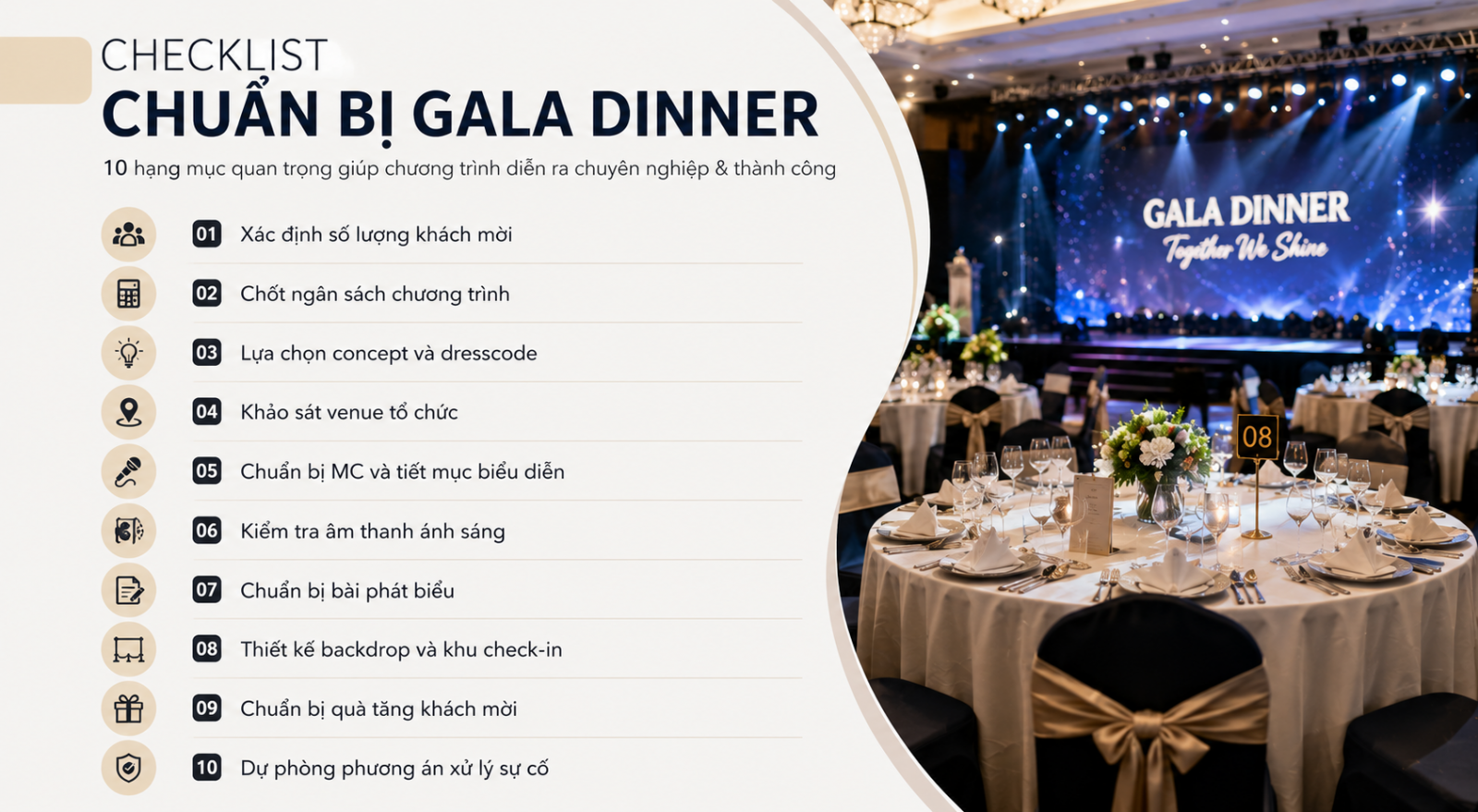 Checklist chuẩn bị Gala Dinner Để chương trình diễn ra chuyên nghiệp, doanh nghiệp nên chuẩn bị:  Xác định số lượng khách mời Chốt ngân sách chương trình Lựa chọn concept và dresscode Khảo sát venue tổ chức Chuẩn bị MC và tiết mục biểu diễn Kiểm tra âm thanh ánh sáng Chuẩn bị bài phát biểu Thiết kế backdrop và khu check-in Chuẩn bị quà tặng khách mời Dự phòng phương án xử lý sự cố